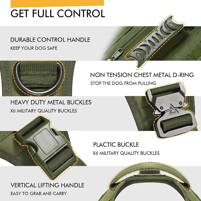 Tactical Dog Backpack Harness for Large Breed Original Design Metal Buckle Vest with Side Bags Pouches for Service Working Training (Green (with 2 Pouches), M)