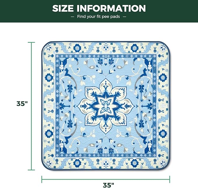 FXW Washable Pee Pads for Dogs, Puppy Pads with Super Absorbent, Specifically Designed for Potty Training, 35" Square, Boho Blue, 2 Packs