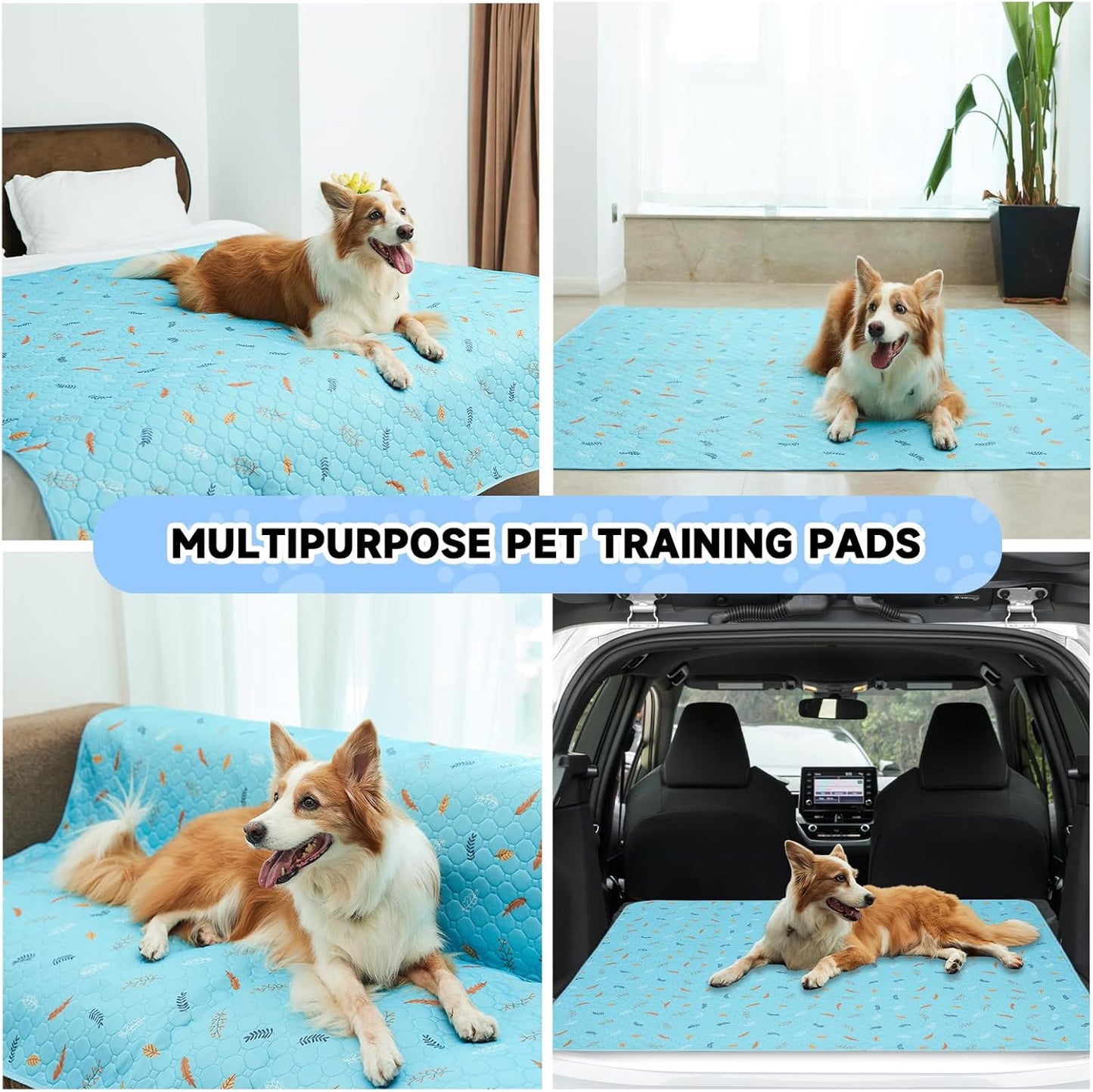 Sunheir Washable Pee Pads for Dogs 2-Pack Reusable Puppy Pads Pet Training Pads, Waterproof Dog Pee Pads for Crate, Whelping Pad, Non-Slip Protects Against Urine Leakage (Leaves - Sky Blue, 24x36)