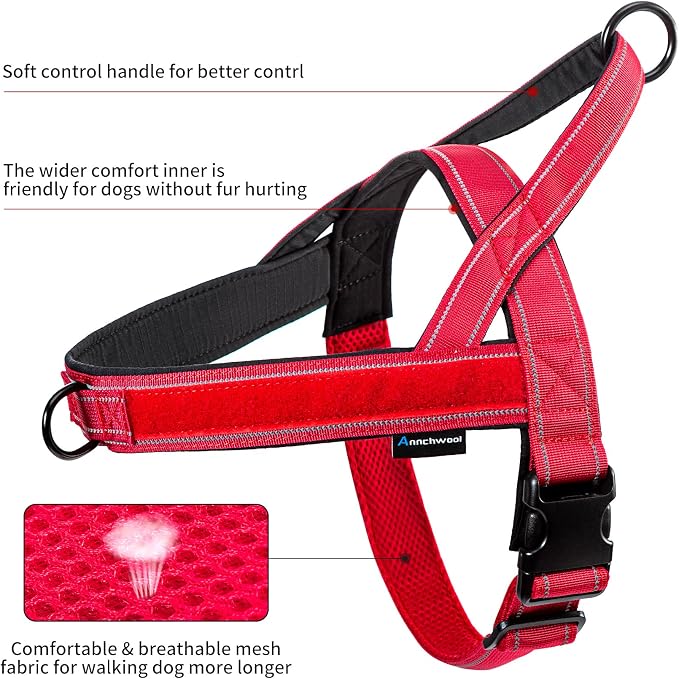 Annchwool No Pull Dog Harness with Padded Handle+5 Ft Leash,Reflective Strip Escape Proof and Quick Fit to Adjust Dog Harness,Easy for Training Walking for Small & Medium and Large Dogs(Red-Set,L)