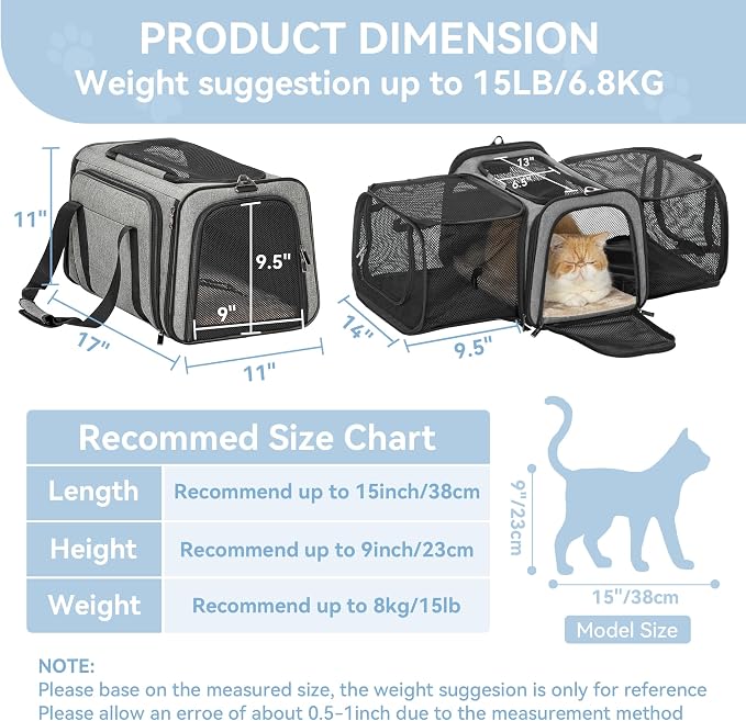Petsfit 17" x 11" x 11" Airline-Approved Expandable Pet Carrier, 2X Square Expansion Reduces Pet Anxiety, Escape-Proof Self-Locking Zippers, 5 Easy-Access Entrances, for Cats & Small Dogs up to 15 lbs