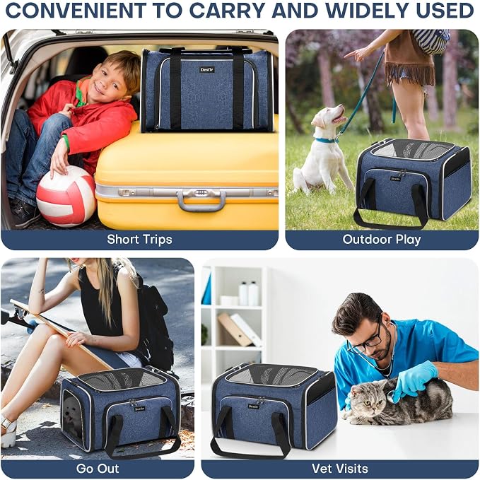 Pet Carrier, Large Soft Sided Expandable Travel Carrier with Steel Frame, Anti-Scratch Mesh, Removable Fleece Pad and Pockets for Cats, Dogs and Small Animals up to 15 lbs (Blue, 5 Sides Expandable)