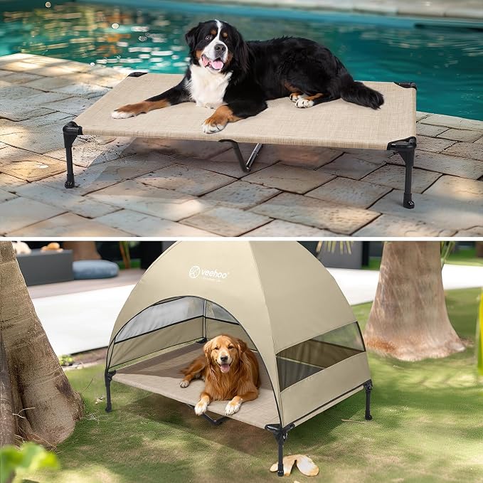 Veehoo Outdoor Dog Bed with Canopy, Cooling Elevated Dog Shade for Outside | Portable Raised Dog Cot with Removable Shade, Sun Protection Dog Tent Outdoor for Camping, Beach, 49" x 42.5", Beige Coffee