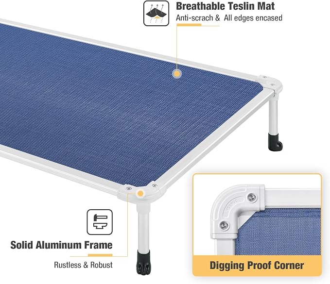 Veehoo Chew Proof Elevated Dog Bed, Cooling Raised Pet Cot, Silver Aluminum | Indestructible Dog Bed with Durable Textilene Mesh Fabric, No-Slip Feet for Indoor or Outdoor Use, 42", Large, Blue