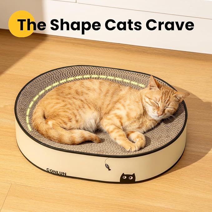 Conlun Oval Cat Scratcher Bed | Scratching Bowl Lounge for Cats | Large | Corrugated Cardboard Pad | Concave Shape | No Mess Enclosed Base | Serves as Couch Furniture Protector