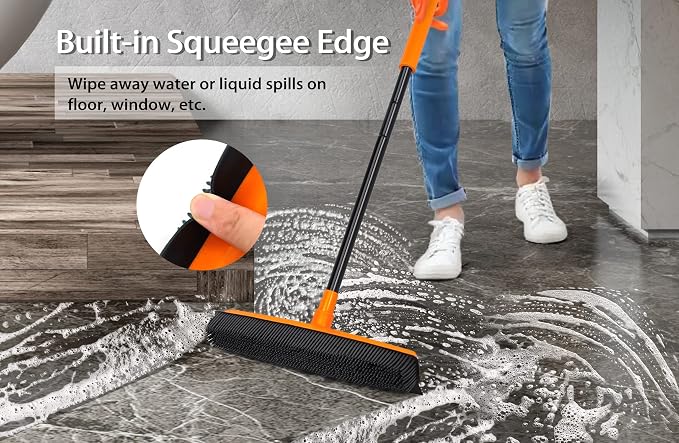 JEHONN Rubber Broom Carpet Rake for Pet Hair Remover, Fur Removal with Squeegee, Portable Detailing Brush Brush, 52.8 Inches Telescopic Long Handle for Fluff Carpet