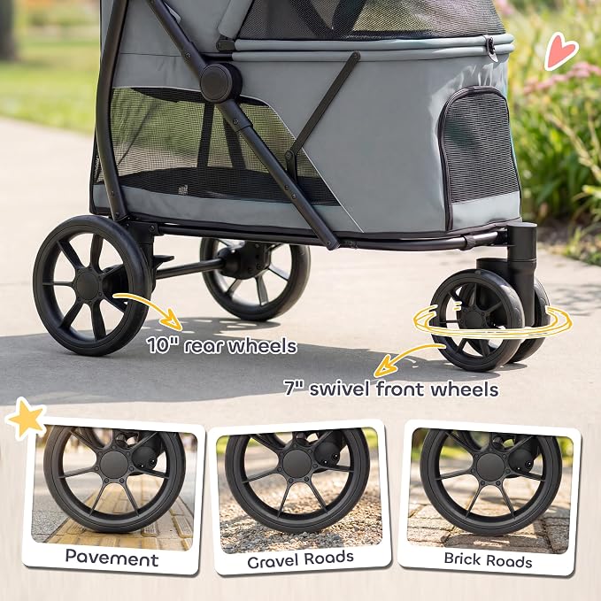 PawHut 3 Wheel Pet Stroller, Dog Stroller Dual Entry, Easy One-Click Quick Fold, All-Terrain Wagon Cart with Air Mesh, Washable Cushion, for Small and Medium Dogs and Cats Up to 44 lbs, Gray