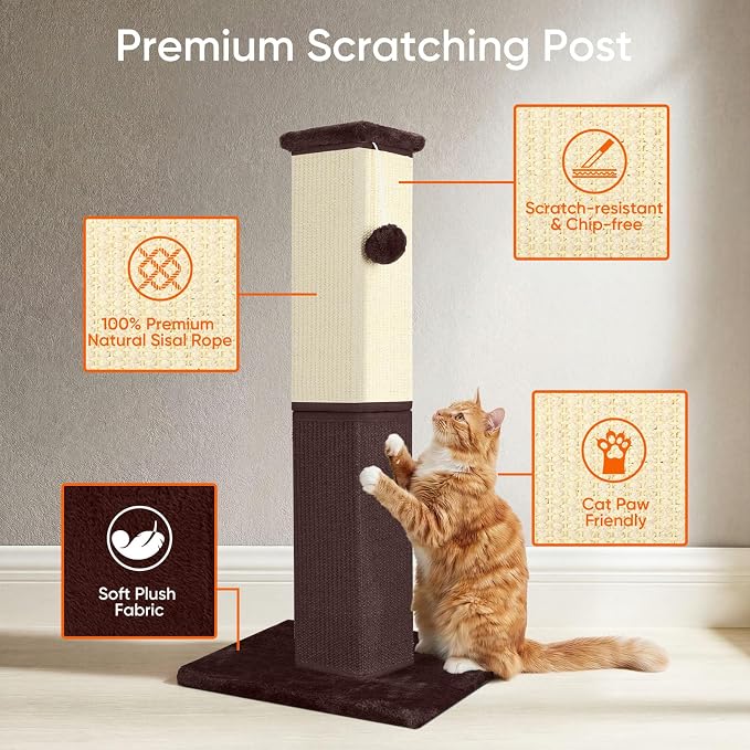 Cat Scratching Post, 32 Inch Cat Scratching Post for Large Cats, Cat Scratcher with Nature Sisal, Cat Scratch Post for Indoor Large Cats and Kitten, Brown