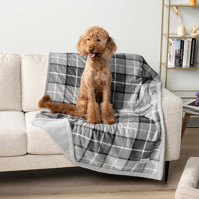 PetAmi Waterproof Dog Blanket for Medium Large XL Dog Puppy Cat Throw for Couch Cover Leakproof Protection, Sherpa Fleece, Reversible Soft Washable 80x60 Plaid Light Gray