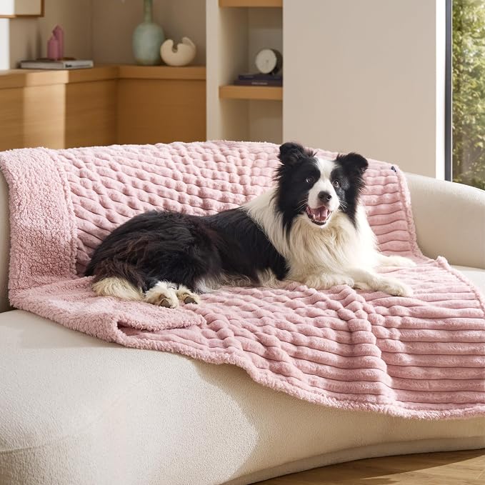 Bedsure ComfyFleece™ Waterproof Dog Blankets for Large Dogs,50x60 | Soft Plush Couch Cover,Washable Corduroy Fleece for Furniture Protector,Cozy Calming Reversible Pet Blanket, Blush Pink