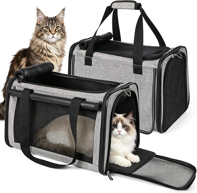 YUDODO 2 Packs 25 lbs Lightproof Soft Sided Cat Carrier for Large Cat & Small Dog Airline Approved Travel Bag Pet Puppy Carriers with Side Pockets & Reflective Mesh, Foldable Portable for Car 2 Grey
