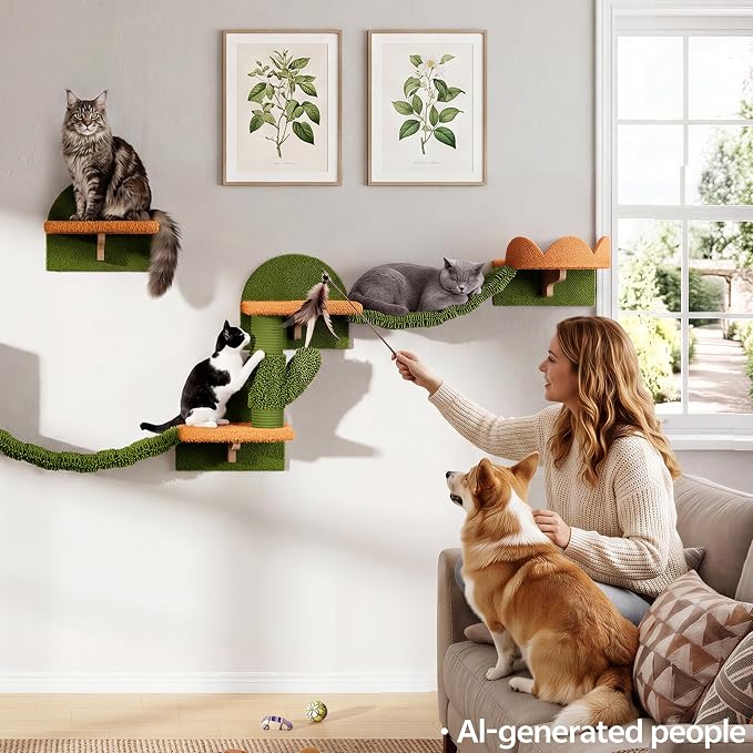 Cactus Cat Climbing Furniture Set with Floor to Ceiling Cat Tree | 5 Tier Cat Tower Adjustable Height (87-104in) and Wall Mounted Cat Shelves, with Cat Scratching Posts, House, Condo, Green