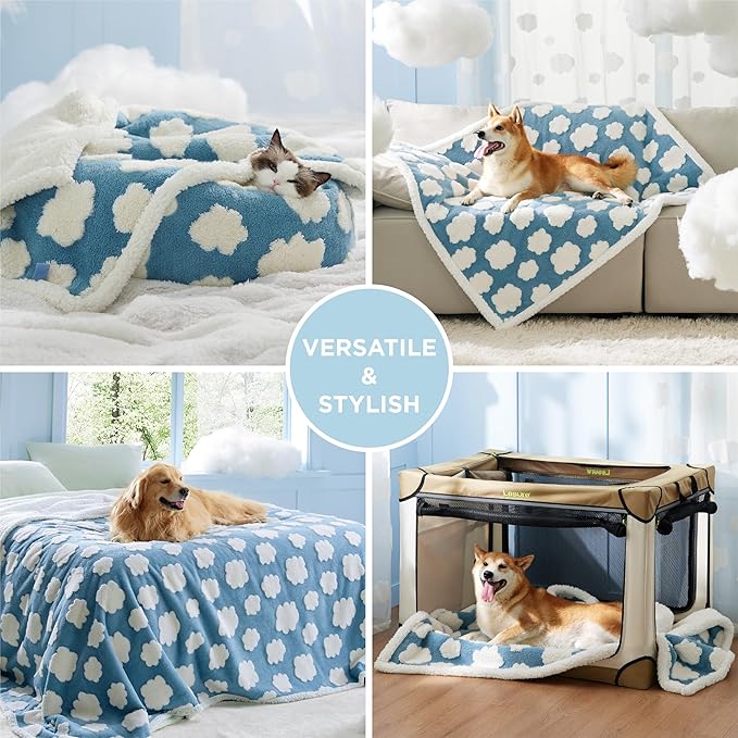LE SURE Waterproof Dog Blankets for Large Dogs Cute Cozy 3D Jacquard,50x60 | Warm Soft Pet Blanket for Senior Dogs Aesthetic Gift, Washable Sherpa Throw, Reversible Couch Protector, Clouds Blue