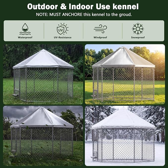 Dog Kennel Outdoor Enclosure with Roof, 6.9x6.9x5.9ft Heavy Duty Galvanized Steel Outside Dog Run with Adjustable Rotating Bowls for Yard, Medium Large Dogs