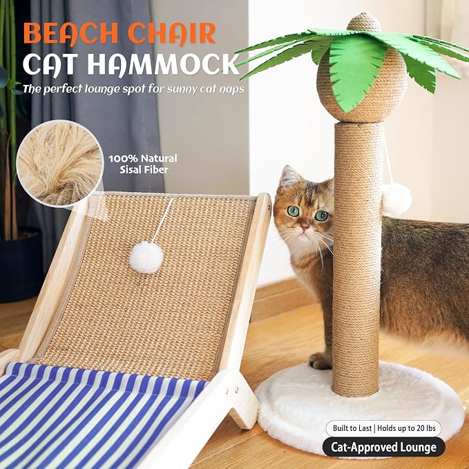 PETKARAY Beach Chair Cat Hammock, Elevated Cat Beds for Indoor Cats, Original Cozy Lounger with Sisal Scratcher and Toy Ball