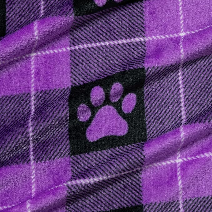 Pet Dog Cat Blanket Ultra Soft Cozy Fleece Paw Print Design Machine Washable Durable for Crates Beds Sofas Travel (Paw Buffalo Check - Purple, Large)