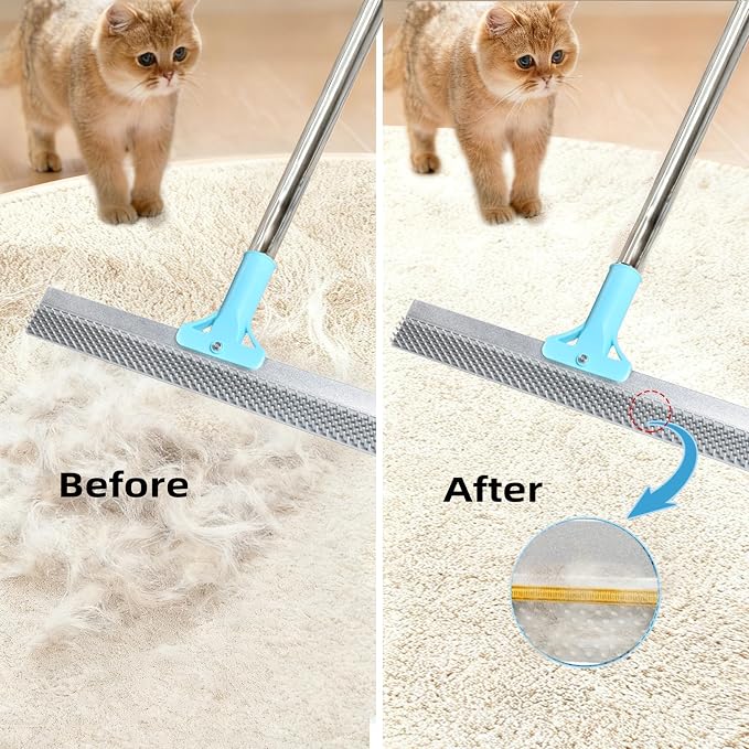 Lazyfeel Pet Hair Remover for Carpet & Upholstery, Adjustable Handle | Double-Sided Rubber Carpet Rake for Dog & Cat Fur. 4-Piece Kit: Rake, Mini Brush, Gap Scraper, Grooming Glove. Reusable.