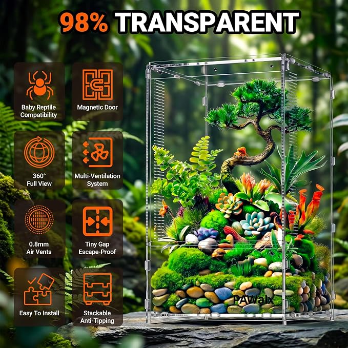 Jumping Spider Enclosure, Acrylic Terrarium with with Magnetic Doors, 0.8mm Micro-Ventilation, Stackable Escape-Proof Habitat for Jumping Spiders, Tarantulas & Small Reptiles, 7.9"x7.9"x13.4"