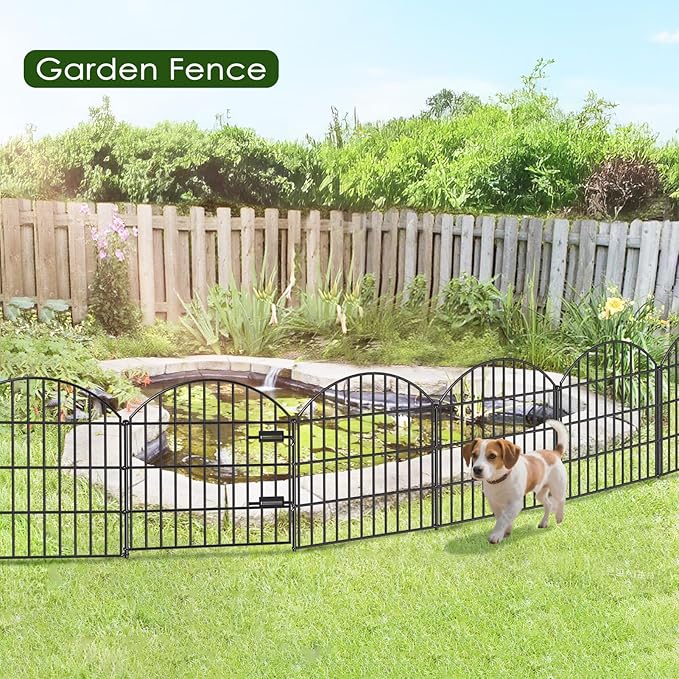 FOREHOGAR Metal Garden Fence with Gate 28in (H) x 37.3ft (L), 1 Gate + 15 Panels Dog Fences Border Fence Animal Barrier, No Dig Garden Fencing for Yard Backyard Landscape, ECG2816G Black