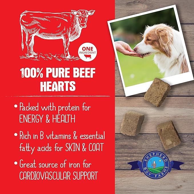 Shepherd Boy Farms Freeze Dried Dog and Cat Treats, Beef Heart, All Natural Single Ingredient Freeze-Dried Dog Treat & Snacks, Made in USA, High Protein, Essential Nutrition of Raw Food, 8oz