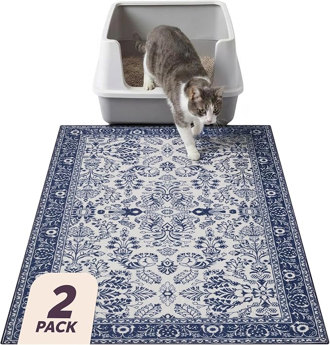 Lovewag Cat Litter Mat, Litter Box Mat, Indigo Garden, 36x48, 2 Pack | Washable litter mat cover, kitty litter mat & cat mat for litter box, litter trapping mat, prevents tracking, multi-cat