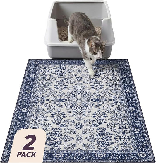 Lovewag Cat Litter Mat, Litter Box Mat, Indigo Garden, 36x48, 2 Pack | Washable litter mat cover, kitty litter mat & cat mat for litter box, litter trapping mat, prevents tracking, multi-cat