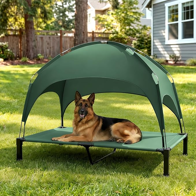 Elevated Dog Bed with Removable Canopy, Sun Protection Shade Tent Dog Cot | Portable Outdoor Dog Bed, Raised Pet Cooling Cot Bed for Dogs, 60in