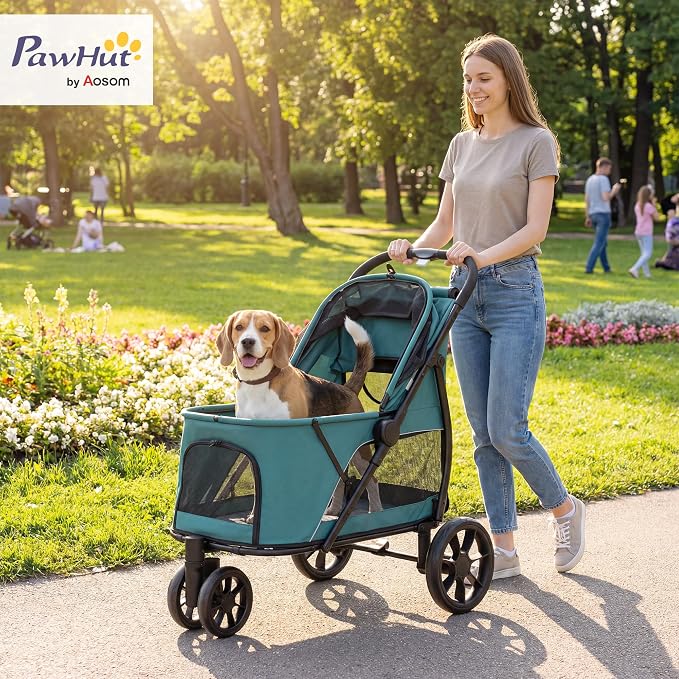 PawHut 3 Wheel Pet Stroller, Dog Stroller Dual Entry, Easy One-Click Quick Fold, All-Terrain Wagon Cart with Air Mesh, Washable Cushion, for Small and Medium Dogs and Cats Up to 44 lbs, Dark Green
