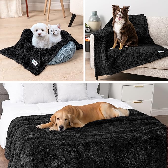 PetAmi Fluffy Waterproof Dog Blanket for Small Medium Dogs, Soft Warm Pet Sherpa Throw Pee Proof Couch Cover, Reversible Cat Puppy Bed Blanket Sofa Protector, Plush Washable Pad (Black, 29x40)
