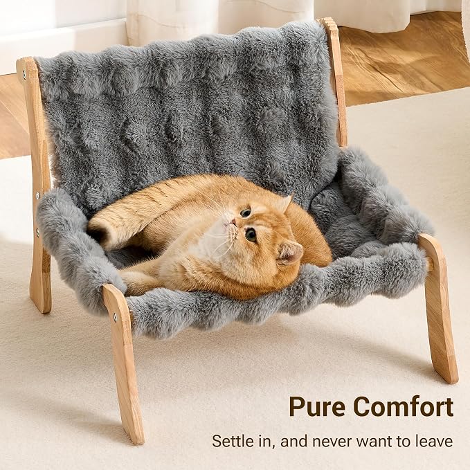 Solid Wood Cat Couch Bed for Indoor Cats, Modern Cat Sofa with Ultra-Soft Plush Surface Washable, Reclined Backrest, Elevated Plush Cat Lounge for Small to Adult Cats, Frost Gray