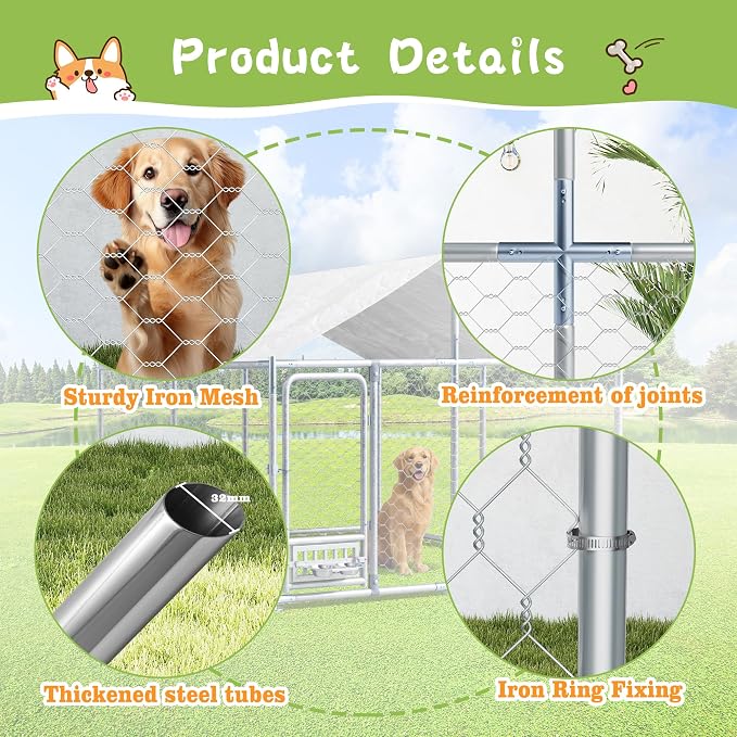 Grepatio 7.5x7.5 FT Outdoor Dog Kennel with Roof, Outside Dog Enclosure with 2 Rotating Feeder Bowls, Dog Kennel Dog Playpen Fence for Large Dogs with Secure Lock (7.5x7.5 FT)