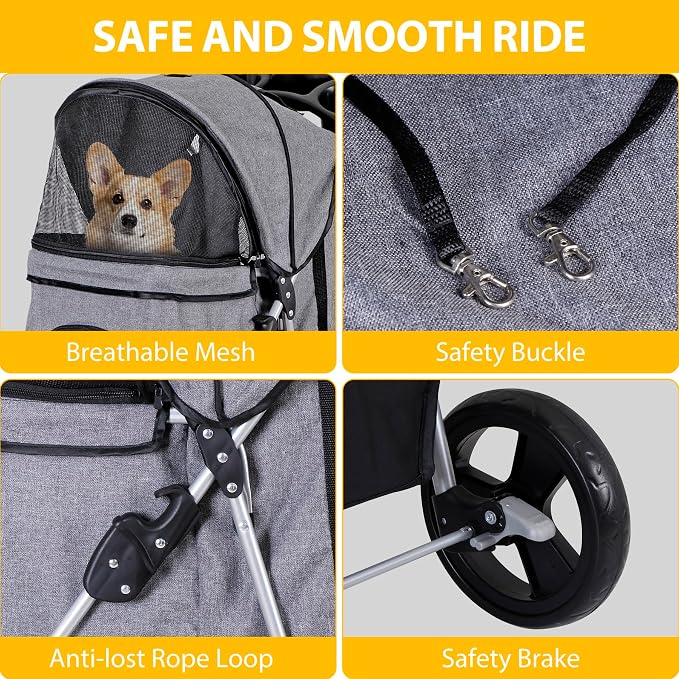 Pet Stroller for Medium Small Dogs - Easy to Walk Folding Travel Carrier Strolling Cart with Cup Holder, Weather Cover and Storage Basket (Gray)