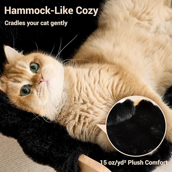 Solid Wood Cat Couch Bed for Indoor Cats, Modern Cat Sofa with Ultra-Soft Plush Surface Washable, Reclined Backrest, Elevated Elevated Cat Lounge Furniture for Small to Adult Pets, Sheen Black