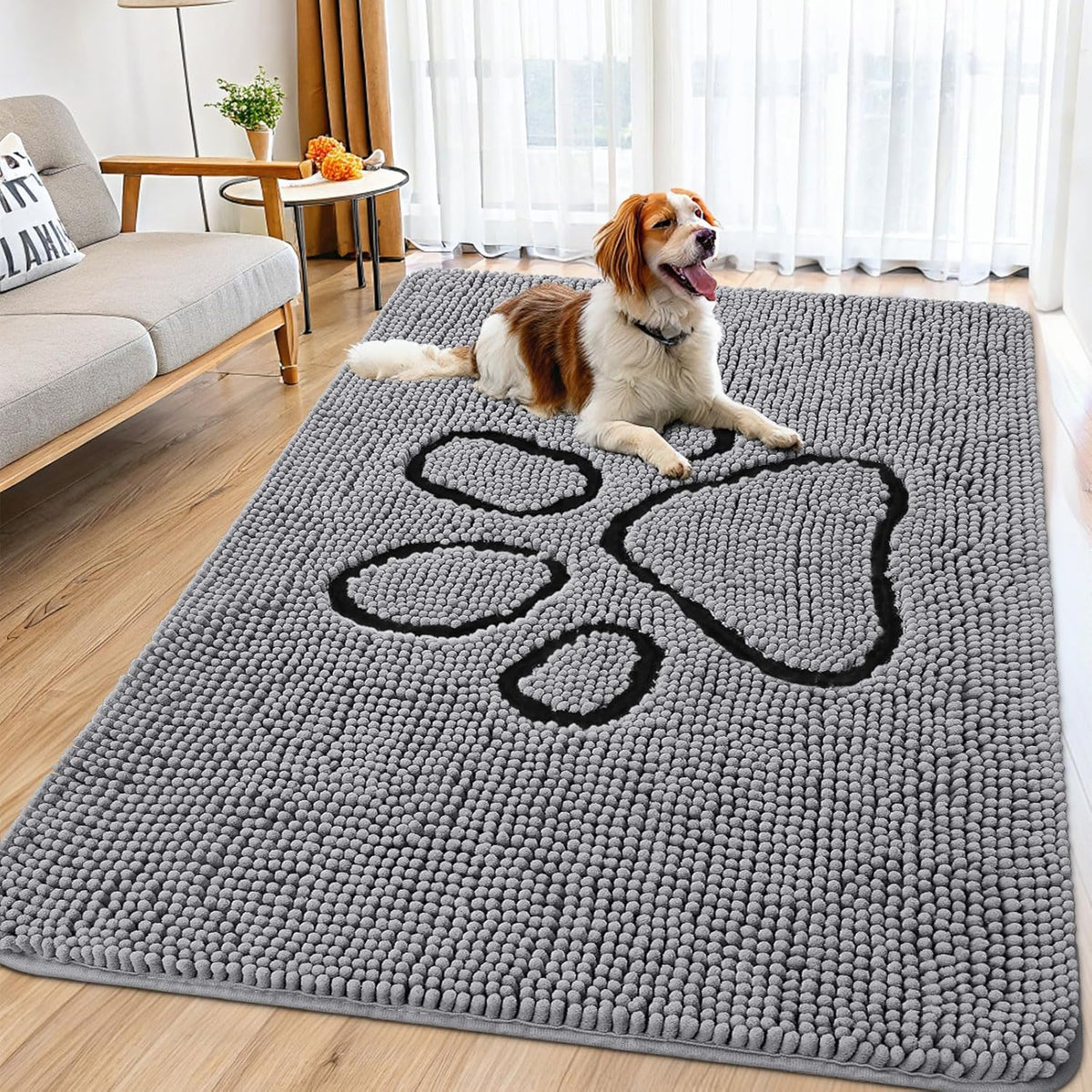 Smiry Dog Door Mat for Muddy Paws, Absorbent Dirt Trapper Non Slip Quick Dry Washable Chenille Mat for Mud Dogs, Entry Rug for Indoor and Outdoor (71x46 Inches, Grey)