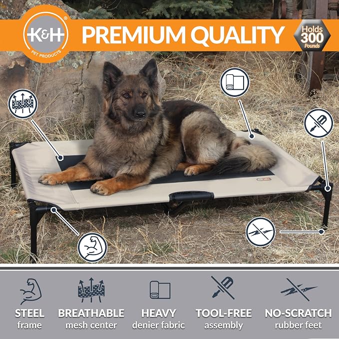 K&H Outdoor Elevated Dog Bed, Cooling Raised Dog Bed, Taupe, XL 50x32in | Pet Cot for Large & Extra Large Pets, Breathable Mesh Center Hammock Design, Indoor/Outdoor Washable Cover, 50x32in