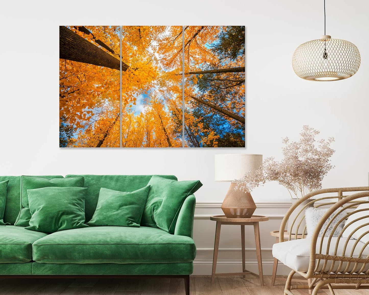 Nature Wall Art Prints - Ocean Forest Mountain Lake Canvas Landscapes - Small to Extra Large Living Room Bedroom Kitchen Bathroom Décor (Blue Sky Through Yellow Autumn Trees, 35L" x 53W" - 3 Panels)