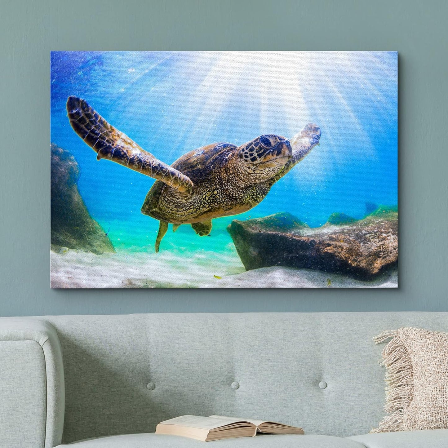 wall26 Canvas Print Wall Art Sunlight Ray Tropical Turtle Swimming Ocean Nature Animals Photography Realism Rustic Scenic Landscape Wilderness Colorful for Living Room, Bedroom, Office - 24"x36"