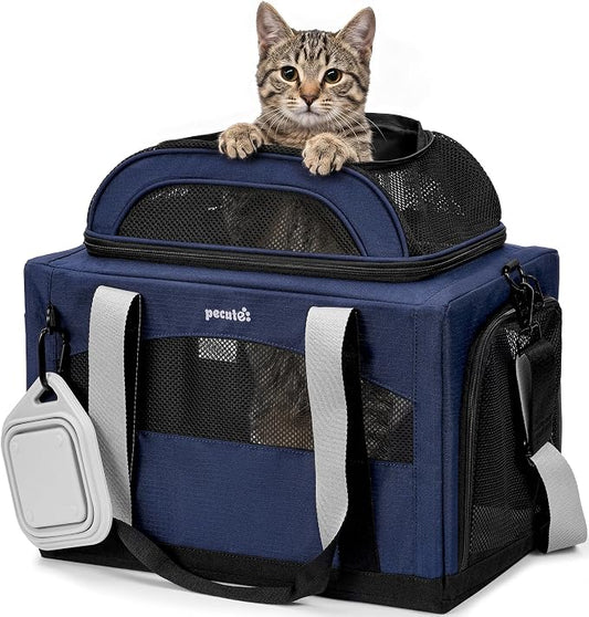 Pecute Top Expandable Cat Carrier Sturdy Pet Bag with 5mm Anti-Collapse Steel Frame, Soft Dog Carrier for Car Travel Vet Visits Outdoor Hammock,Foldable Travel Crate with Leakproof Pee Pad & Bowl,Blue