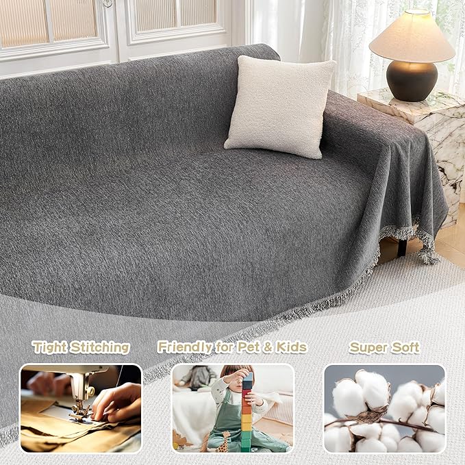 MYSKY HOME Couch Cover Sofa Covers Couch Covers for 3 Cushion Couch Sofa Pet Friendly, L Shaped Sectional Couch Cover Non Slip Dogs Furniture Protector for Kids, Dogs, 91"x134", Dark Grey