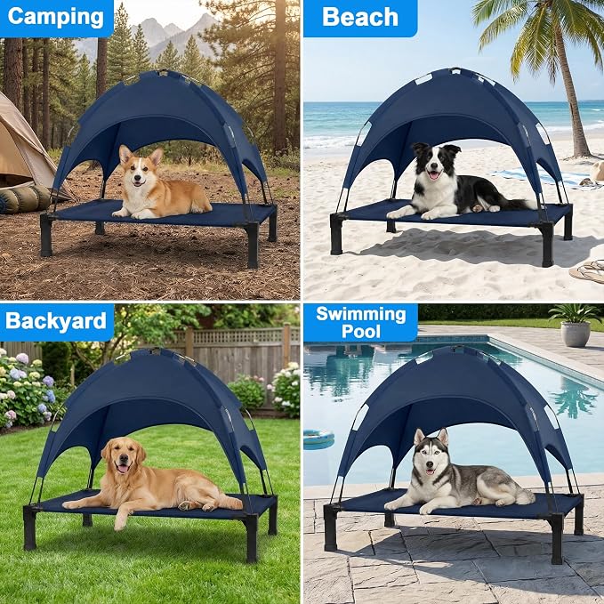 Elevated Dog Bed with Canopy Raised Pet Cot for Large Dogs, Outdoor Dog Cot with Removable Sun Shade Tent, Breathable Mesh Portable Dogs Cot for Camping, Beach, Backyard, Outdoor Use