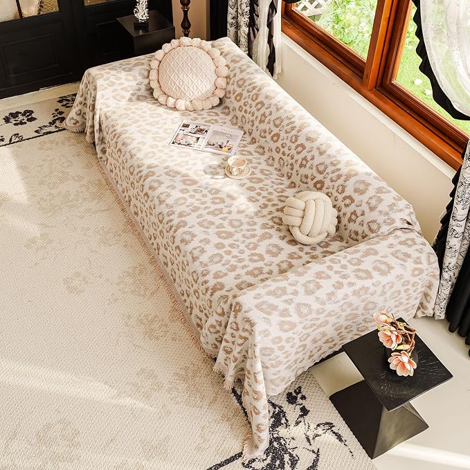VClife Bohemian Sofa Cover for Dog, Aesthetic Leopard Couch Cover for 3 Cushion Couch Sofa, Skin-Friendly Breathable Furniture Protector, Cute Animal Theme Sofa Slipcover Futon Cover for Dog, Khaki