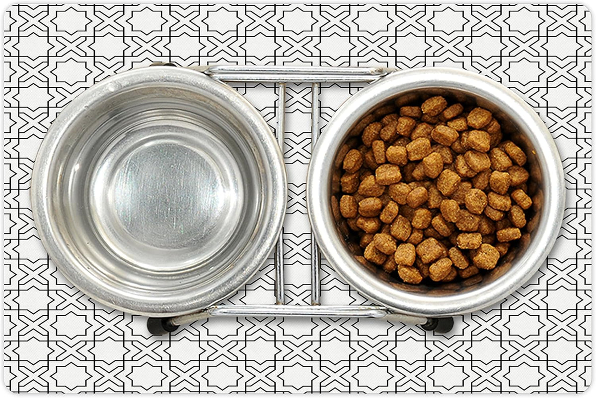 Lunarable Modern Pet Mat for Food and Water, Geometric Oriental Morrocan Design with Star Squares Lines Triangles Art Print, Non-Slip Rubber Mat for Dogs and Cats, 18" X 12", Off White