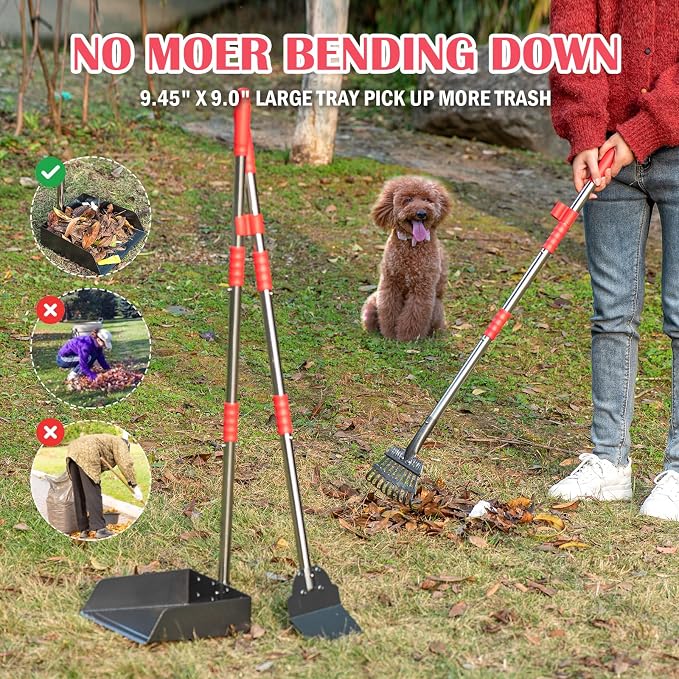 FUSBUNTY Dog Pooper Scooper Set, Pooper Scooper for Dog, Heavy Duty Stainless Steel Rake with Extra Large Tray & Spade No Bending Clean Up for Pet Waste Removal, for Grass, Dirt Or Gravel.