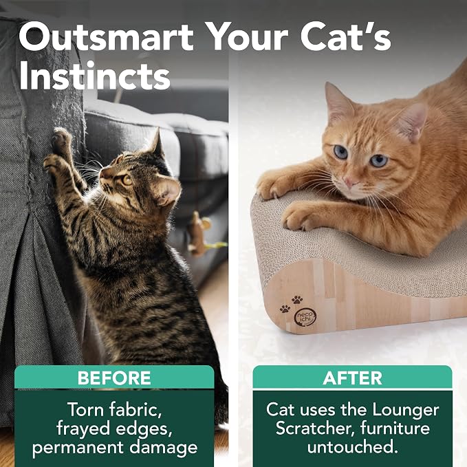 Necoichi Cardboard Cat Scratcher Bed for Indoor Cats - Cat Scratching Board, Horizontal Cat Scratch Pad Lounger with Reversible Usability and Extra Comfort for Lounge, Curved (18" Regular, Oak)