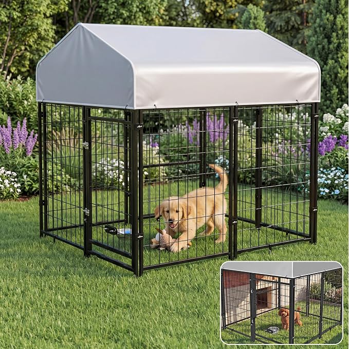 Dog Kennel Outdoor Enclosure with Roof, 4x4x4.6 FT Heavy Duty Outside Dog Run for Yard, Dog Crate Playpen with UV-Resistant Waterproof Cover