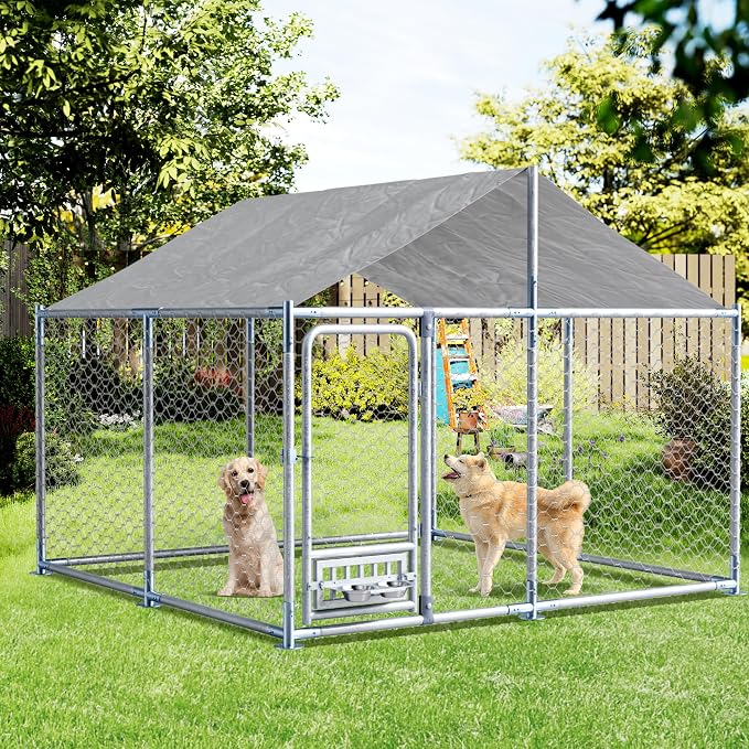 Grepatio 7.5x7.5 FT Outdoor Dog Kennel with Roof, Outside Dog Enclosure with 2 Rotating Feeder Bowls, Dog Kennel Dog Playpen Fence for Large Dogs with Secure Lock (7.5x7.5 FT)