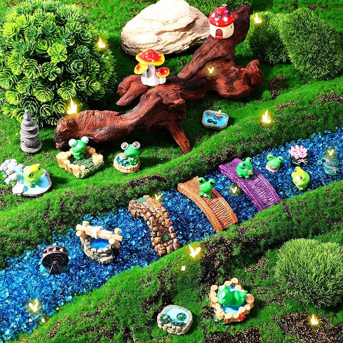 24 Pcs Mini Resin Frog Figures Miniature Fairy Garden Accessories Mushroom Pond Bridge Lighthouse Figures Water Well Fake Lawn Figurines Decoration for DIY Craft Plant Pot Garden Decor