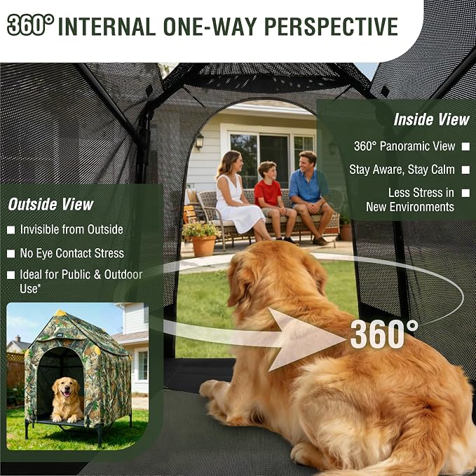 Privacy Outdoor Dog House & Elevated Bed 2-in-1, UPF50+ Sun Rain Protection, Breathable Camping Pet Tent with Cover, Portable for Indoor & Backyard Use（M）
