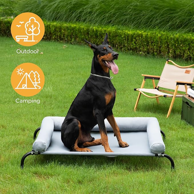 Cooling Elevated Dog Bed with Pillows,Portable Washable Raised Dog Cot with Chew Proof Mesh and Metal Frame,No-Slip Rubber Feet for Indoor & Outdoor Use,XLarge,Gray
