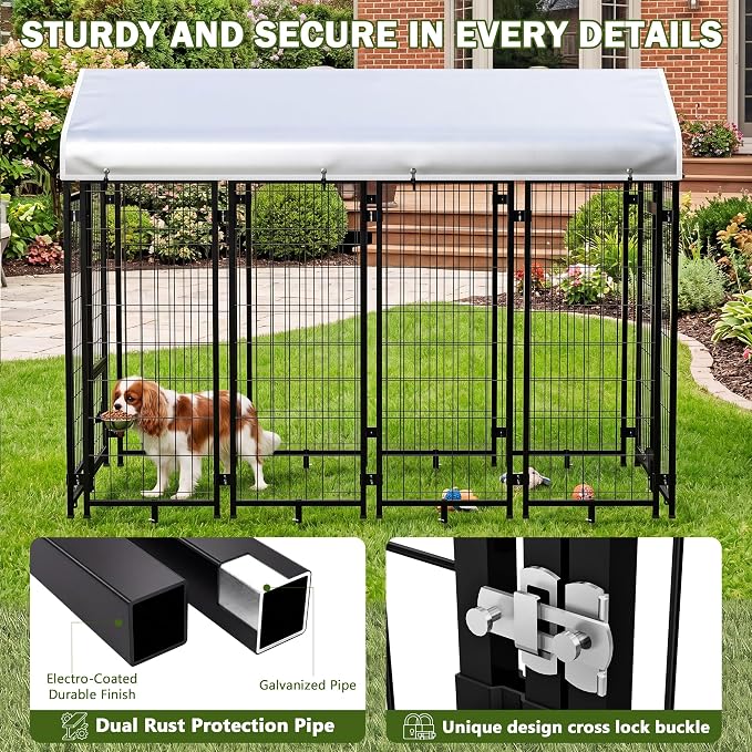 Dog Kennel Outdoor Enclosure with Roof, 8x4x6 FT Heavy Duty Outside Dog Run with Adjustable Bowls for Yard, Medium Large Dogs